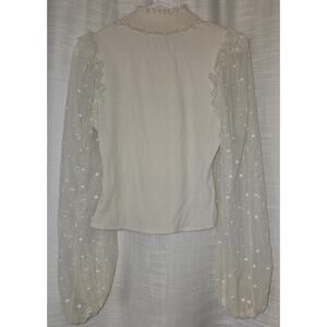 Cream Sheer Swiss Dot Ruffle Mock Neck Blouse Romantic Cottagecore Top L